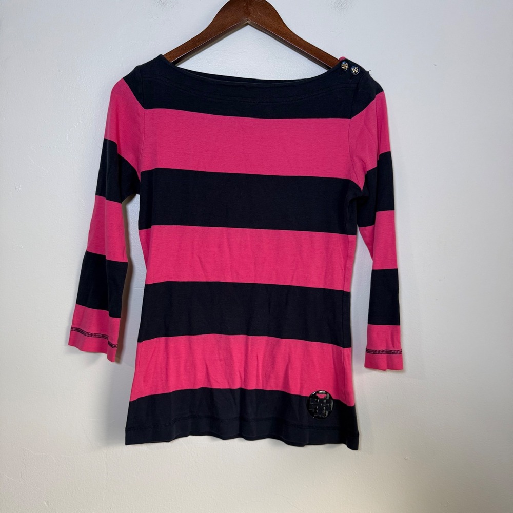 Tory Burch Hot Pink and Navy Striped Boatneck Long Sleeve Tee